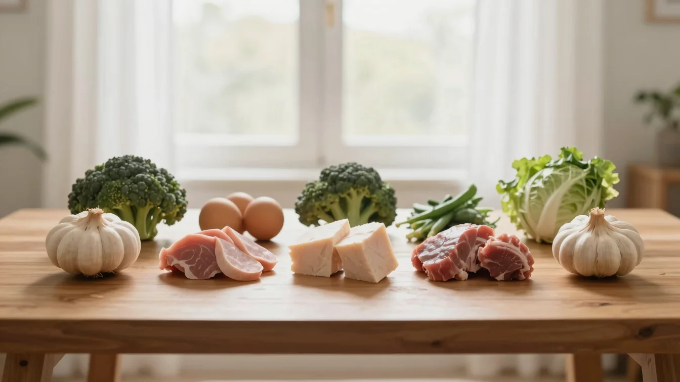 Fresh whole ingredients arranged neatly on a wooden table under soft diffused window light