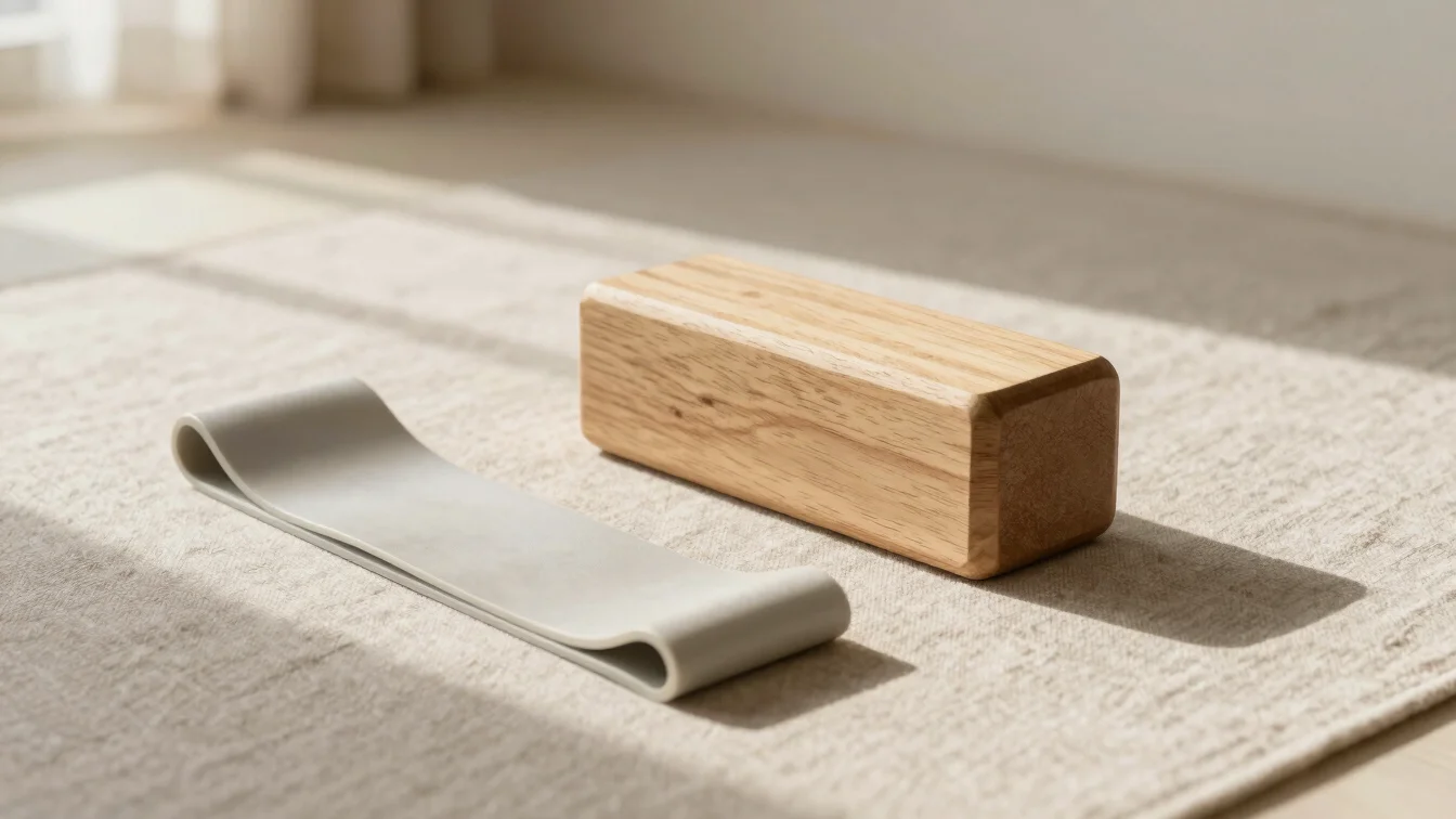 Minimalist wellness tools including a natural wooden balance block and light resistance band on a neutral linen surface,