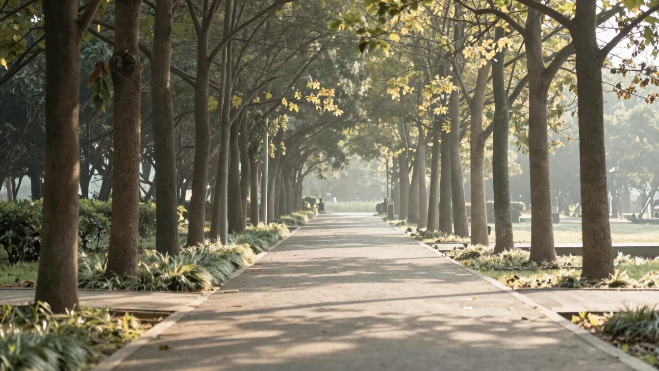 Soft morning daylight filtering through tall trees along a quiet park pathway with gentle shadows, serene editorial styl