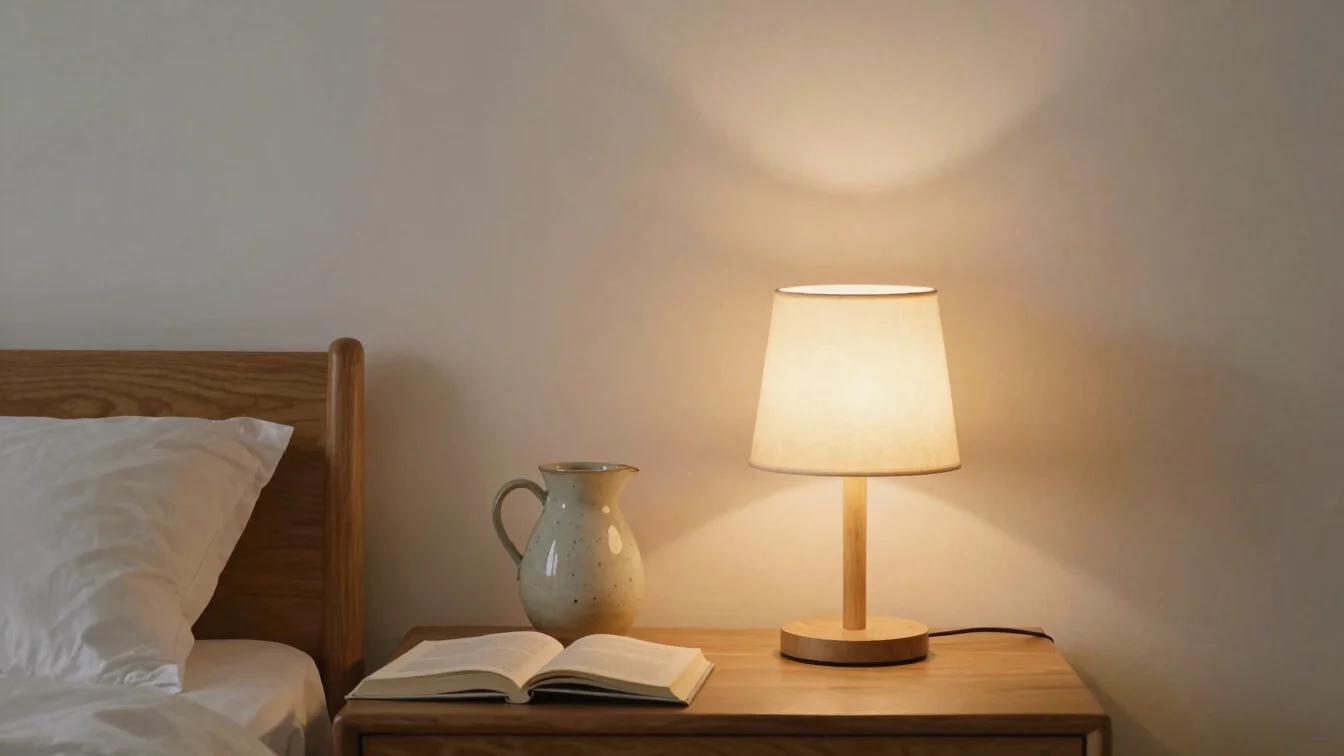 A warm amber bedside lamp casting a soft glow on a wooden nightstand with a ceramic water carafe and an open book, quiet