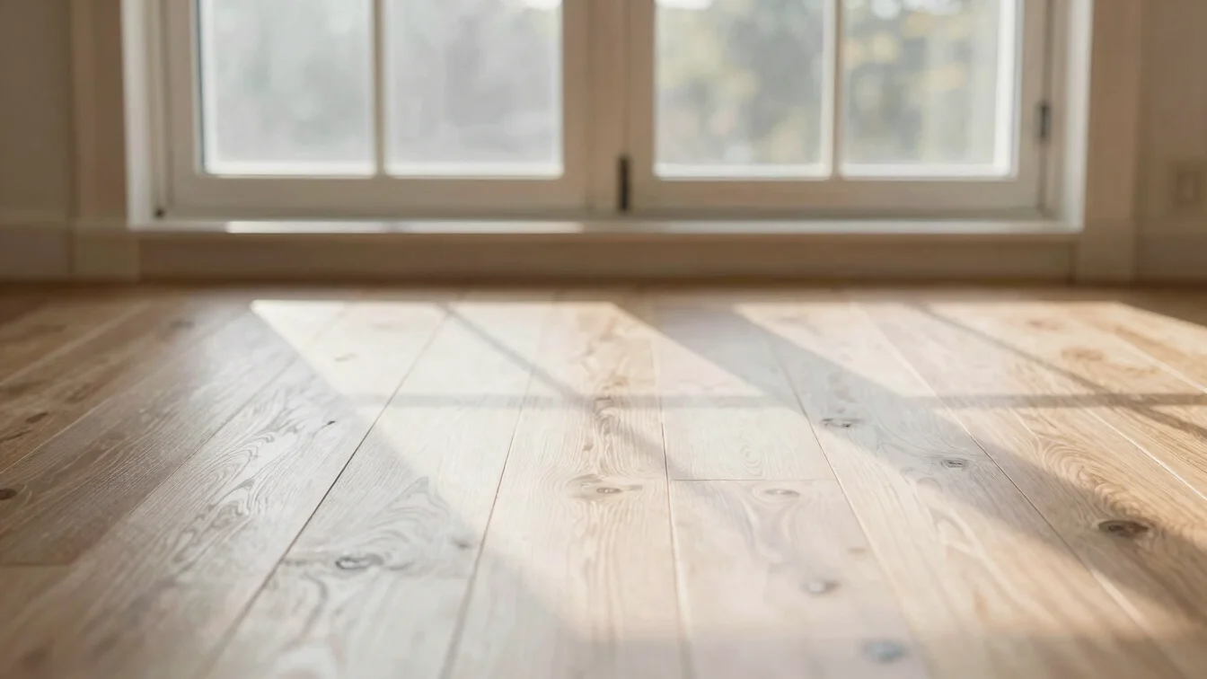 Gentle morning sunbeams illuminating a clean wooden floor through a quiet window frame, minimalist editorial composition