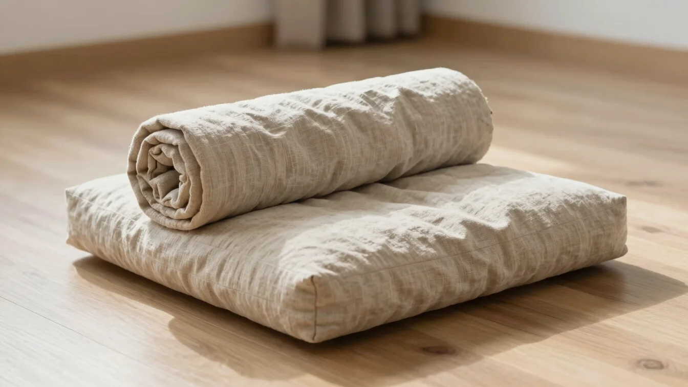 A comfortable meditation cushion and rolled linen blanket resting on a calm wooden floor in soft natural daylight.