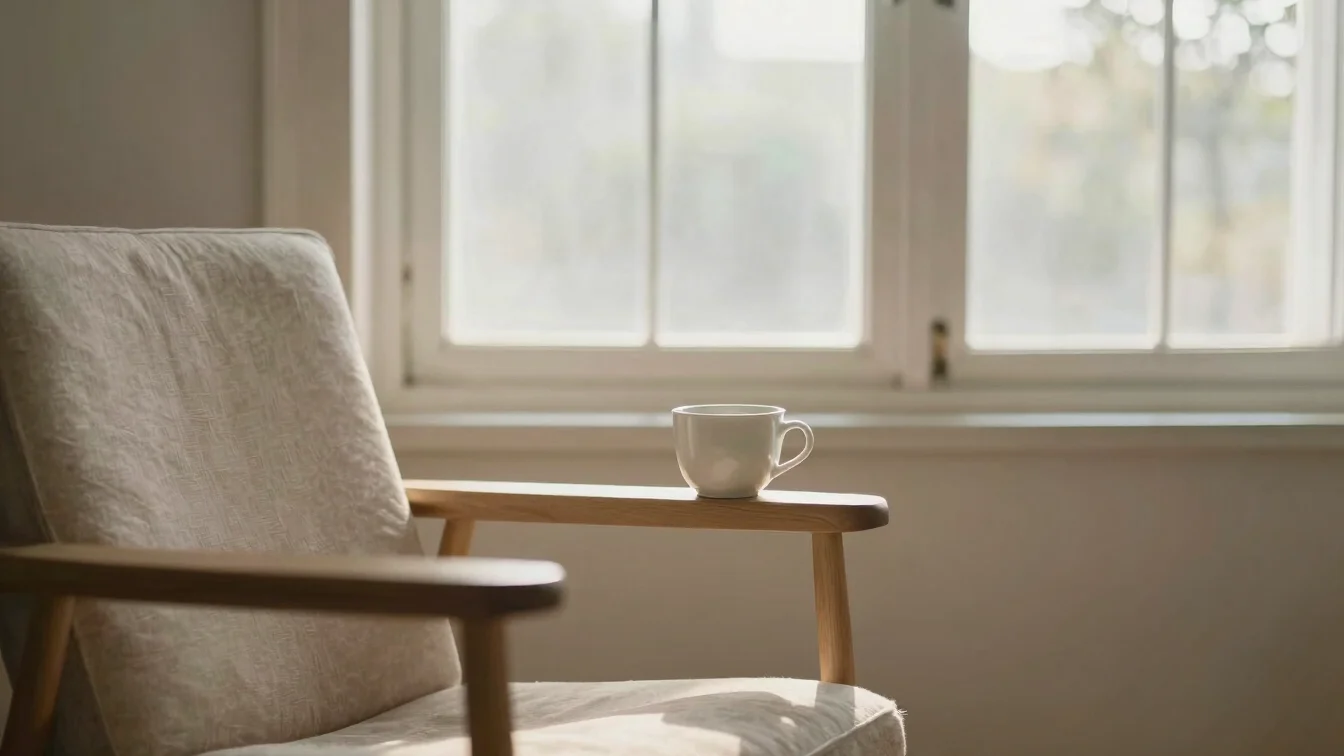 Soft morning sunlight through a window illuminating a quiet corner with a comfortable chair and clean ceramic cup, peace