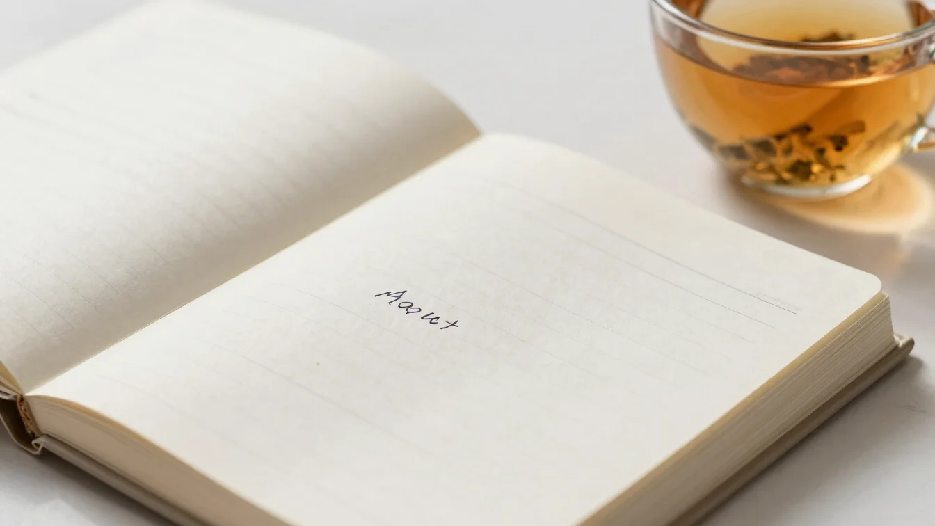Tactile close-up of an open notebook with minimal handwritten notes and a warm cup of herbal tea under soft natural ligh