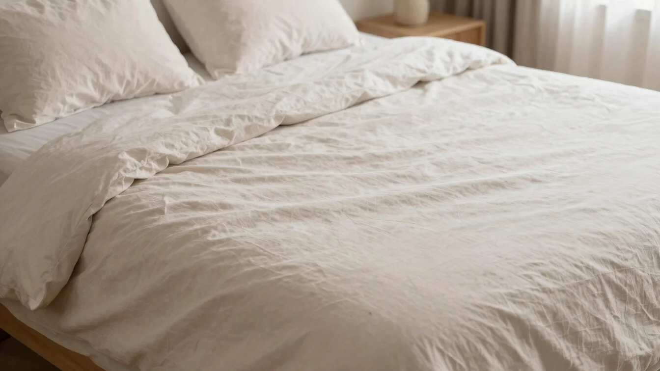 A serene made bed with neutral linens bathed in soft, early morning daylight