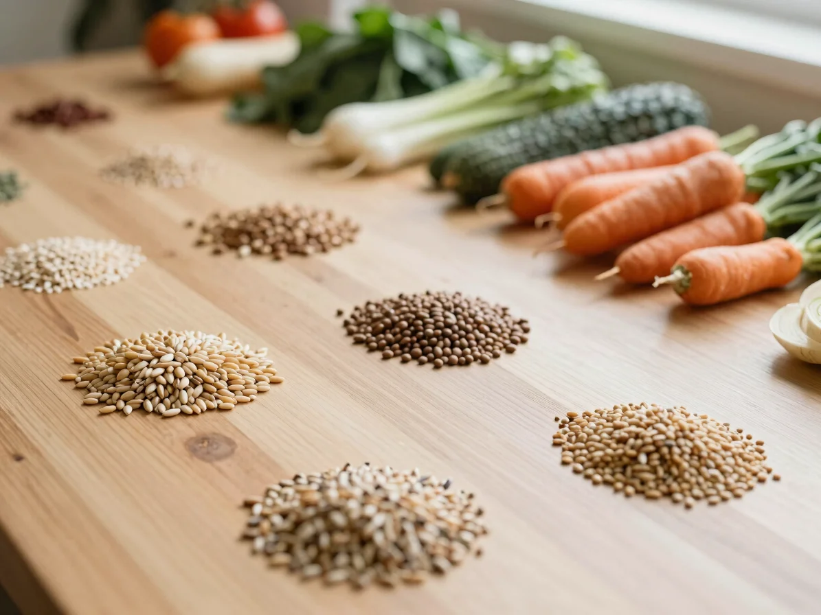 Fresh whole vegetables and natural grains laid out on a clean wooden table under soft morning light, shallow depth of fi