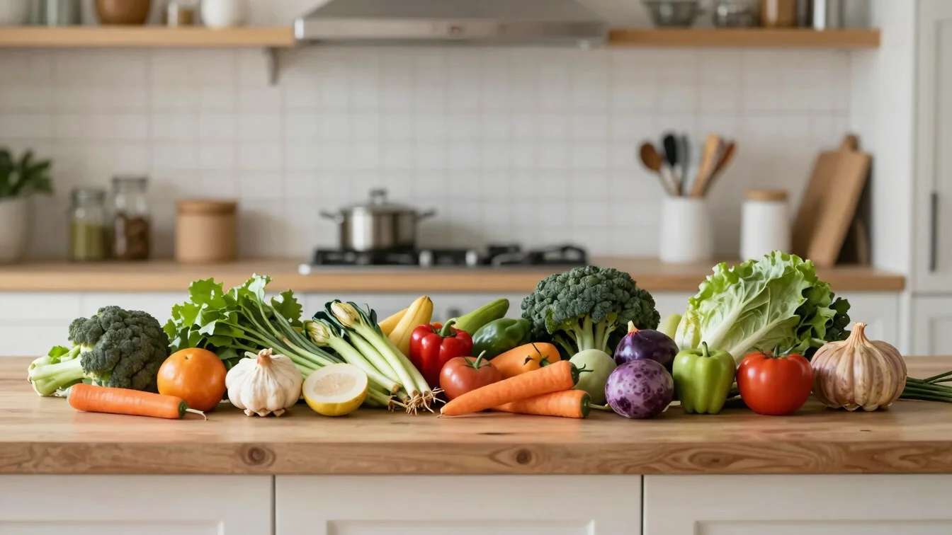 Fresh organic produce and vibrant seasonal ingredients arranged on a quiet kitchen counter, soft daylight