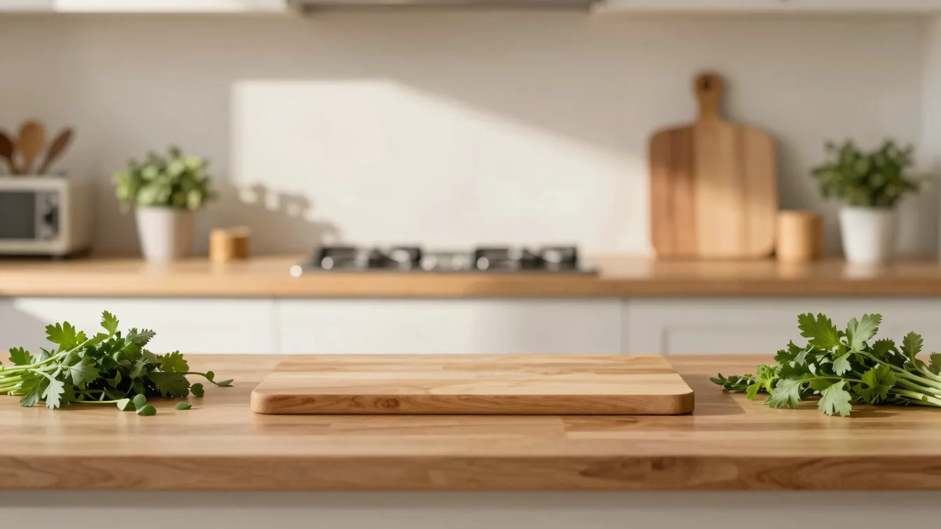 Clean, calm kitchen workspace with natural cutting boards and fresh herbs under warm morning sunlight