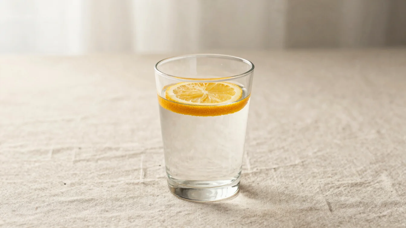 A clear glass of fresh water with citrus slice on a minimalist linen surface, morning glow