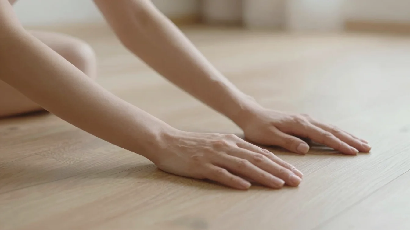 Tactile close-up of hands resting on a wooden floor during a quiet morning stretch, soft natural light, warm editorial p