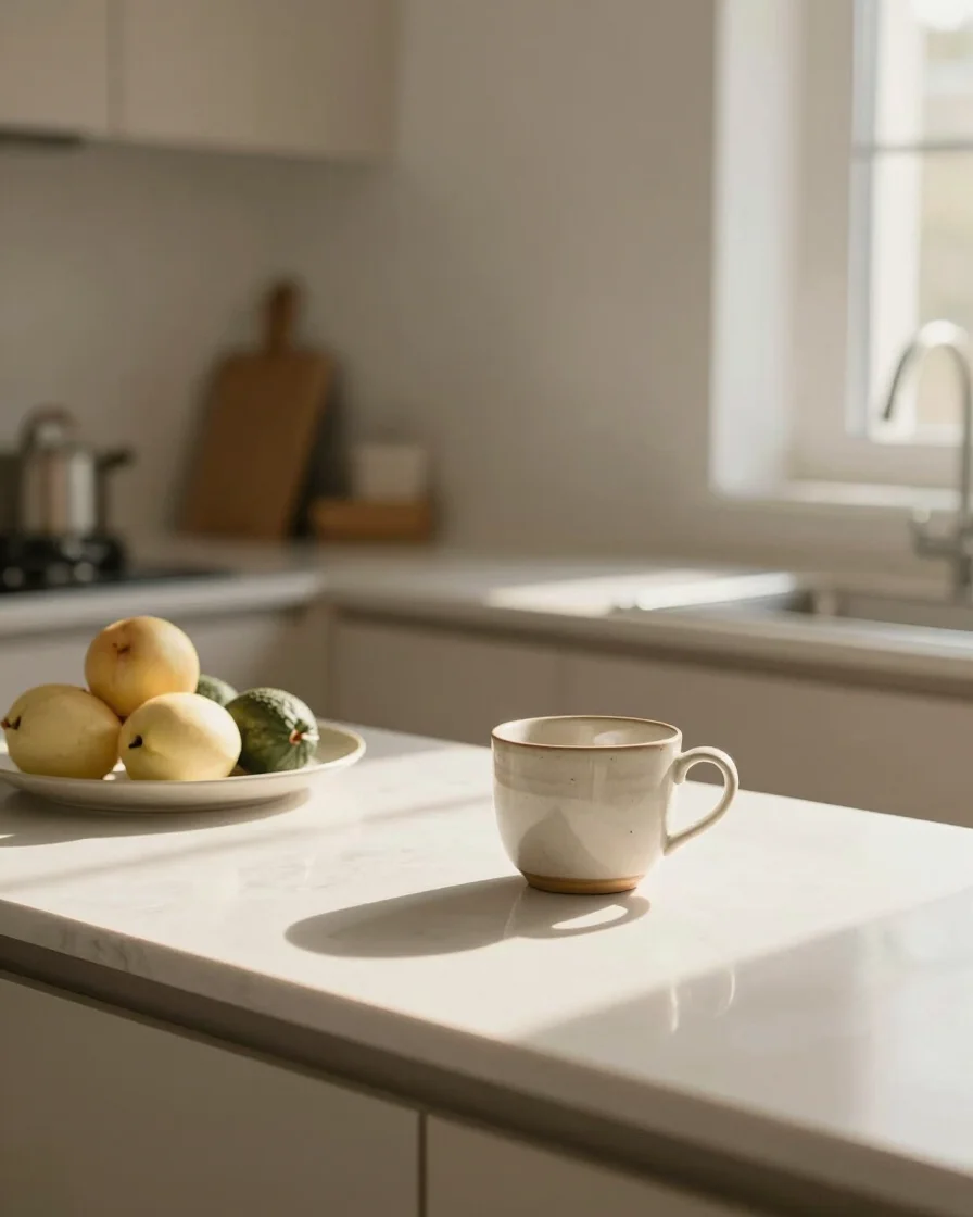 Soft morning sunlight illuminating a calm kitchen counter with wh
